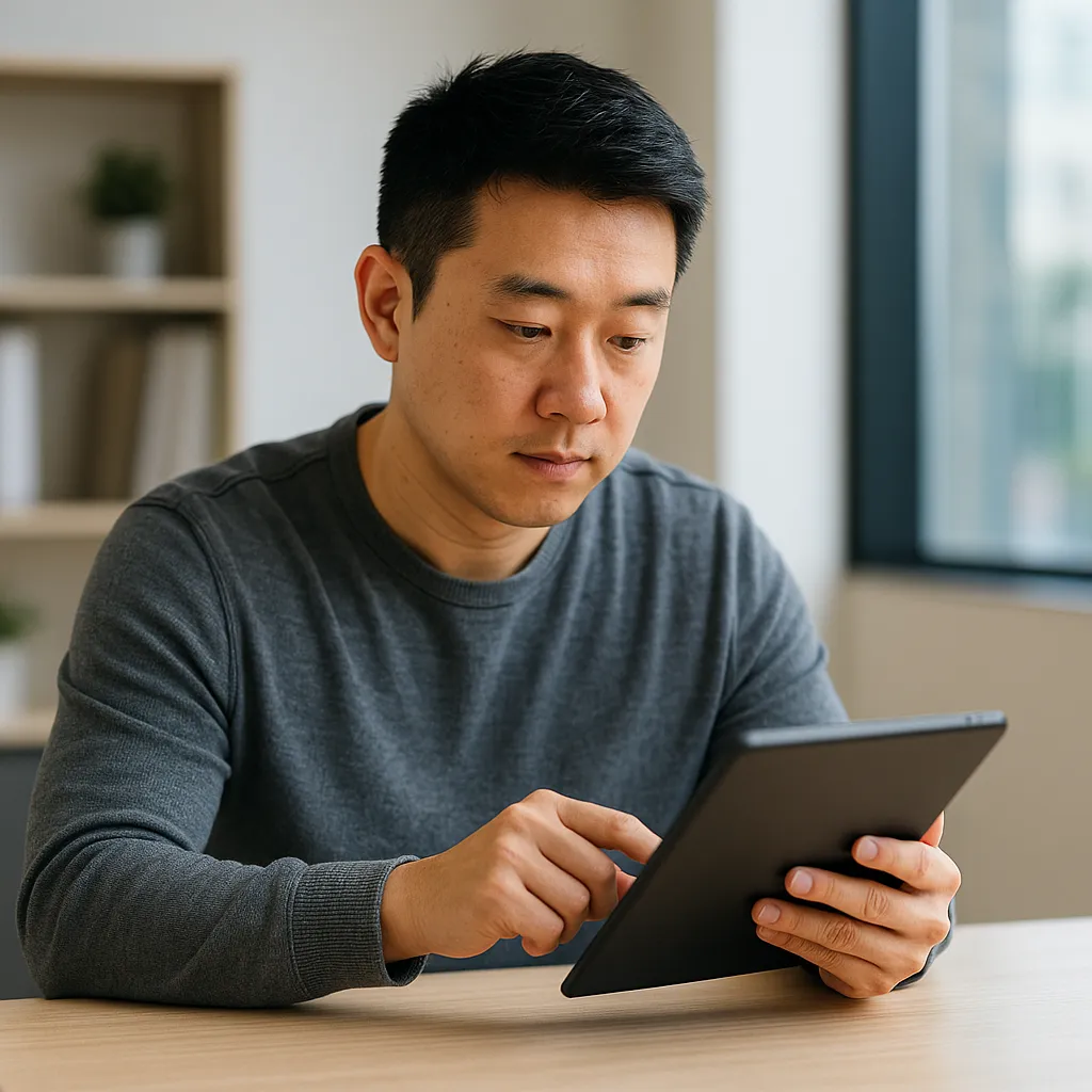 ISA 투자 현황을 태블릿으로 확인하는 남성