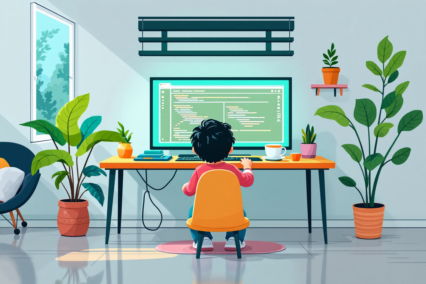 온라인 코딩파티 프로그램을 보고 있는 어린이