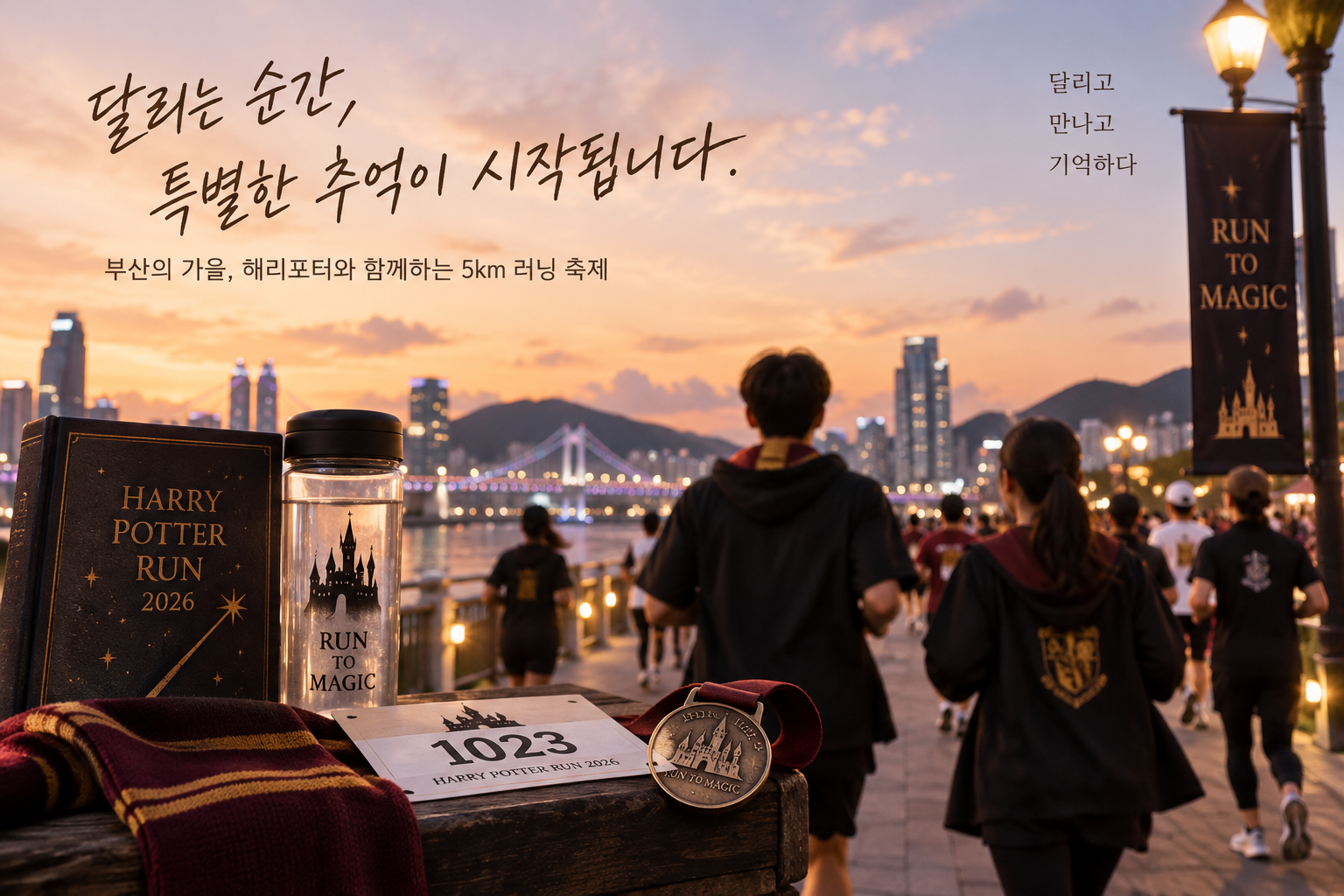 해리포터를 좋아하는 사람들이 함께 5km를 달리며 러닝과 축제, 기념품을 즐기는 모습을 표현한 AI 이미지