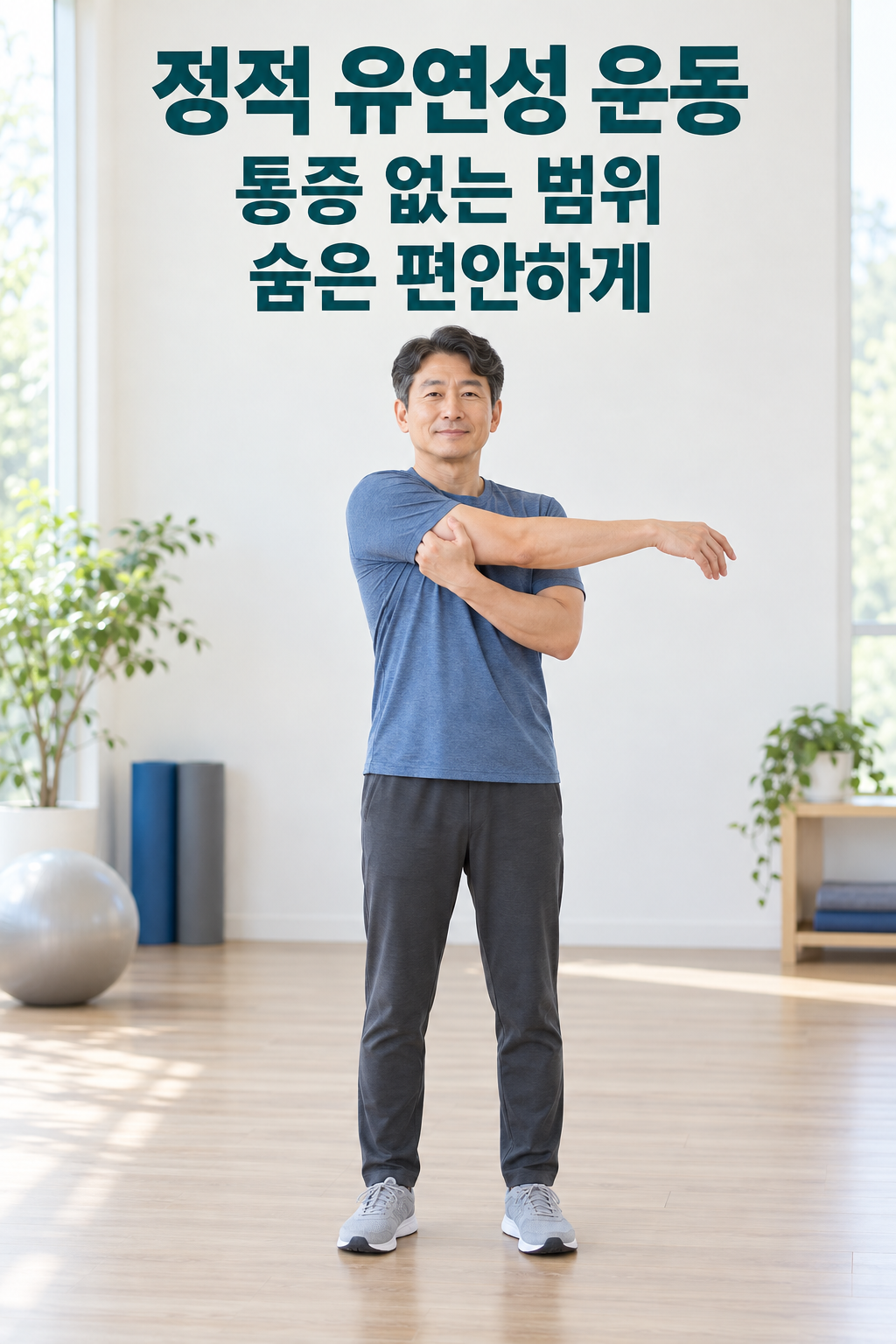 두 발을 바닥에 둔 채 팔을 가볍게 교차해 편안한 범위에서 늘리는 성인