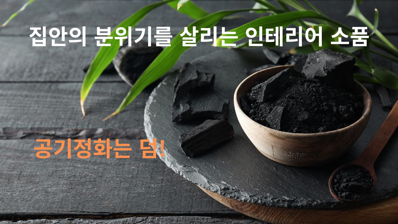 집안의 분위기를 살리는 인테리어 소품 제목으로 숯과 식물이 어우러져 인테리어 효과를 내는 사진 배경과 '공기정화는 덤!' 문구가 강조된 이미지