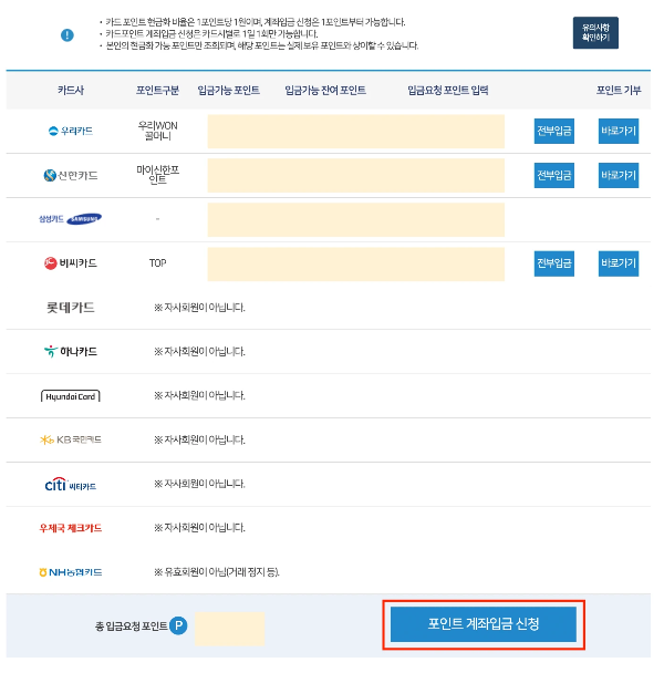 여신금융협회 카드포인트 통합조회 계좌입금 방법