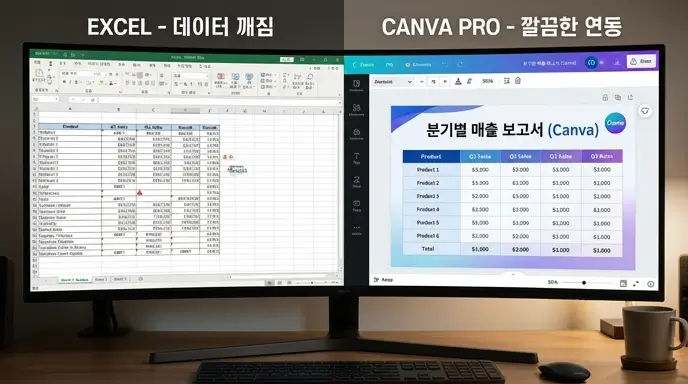 처참하게 깨진 엑셀 표와 깔끔하게 연동된 캔바 프로 표 서식 비교