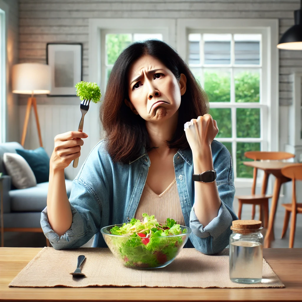 밝은 식탁에서 작은 샐러드만 먹으며 불만스러운 표정을 짓는 중년 여성