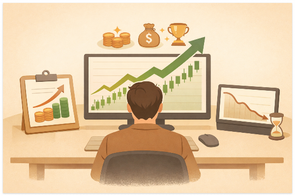 욕심이 커질수록 수익이 흔들리는 투자 심리를 표현한 일러스트