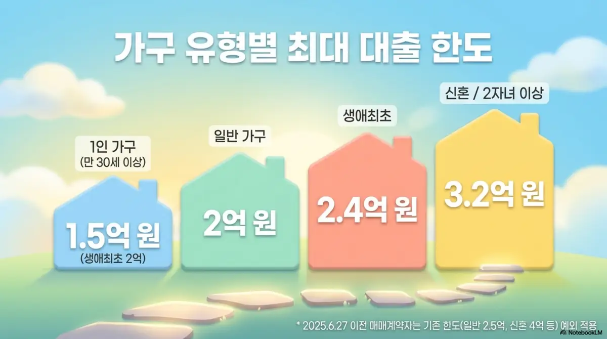 디딤돌대출 조건: 디딤돌대출 가구 유형별 최대 대출 한도를 집 모양 막대로 비교한 이미지. 1인 가구 1.5억 원, 일반 2억 원, 생애최초 2.4억 원, 신혼과 2자녀 이상 3.2억 원 한도를 설명함