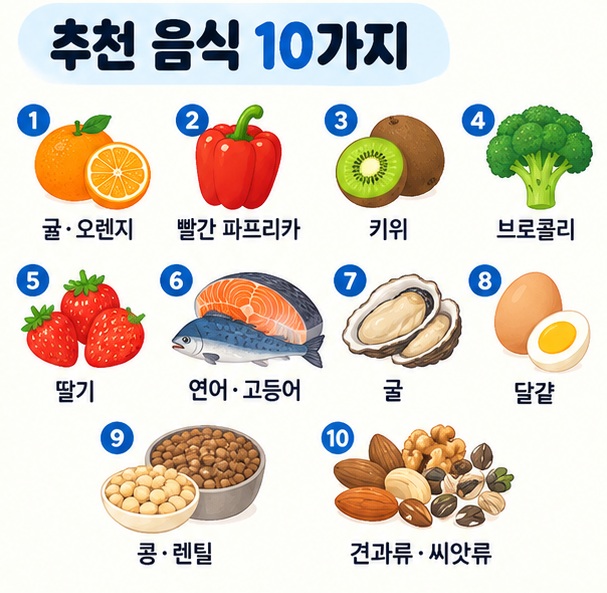 귤 오렌지 파프리카 키위 브로콜리 딸기 연어 고등어 굴 달걀 콩 렌틸 견과류 씨앗류 등 10가지 식품을 영양소별로 보여주는 이미지
