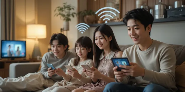 와이파이7 스마트홈 연결로 즐거워하는 가족 모습