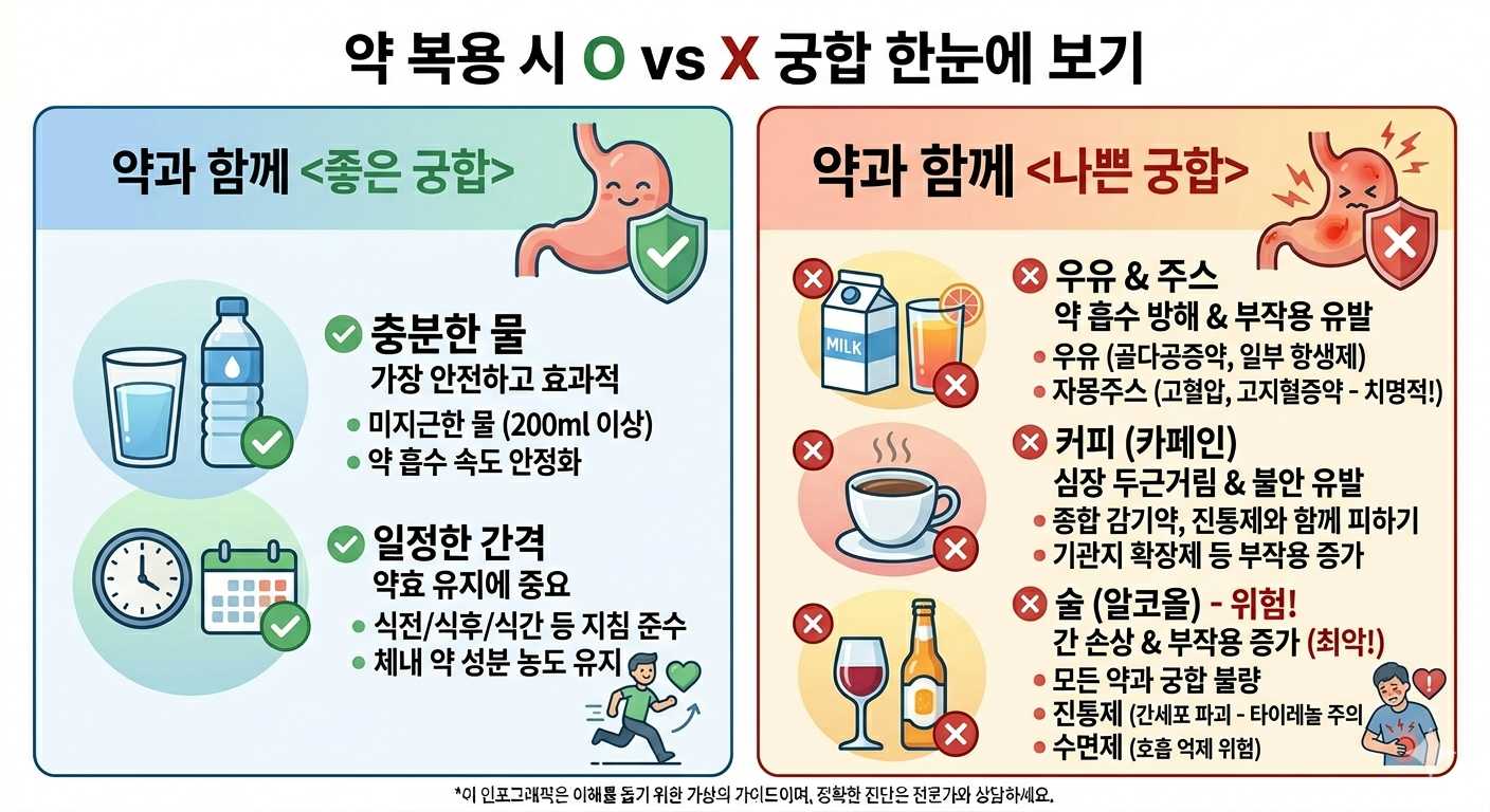 약 복용 시 좋은 궁합과 나쁜 궁합의 음식 설명 인포그래픽