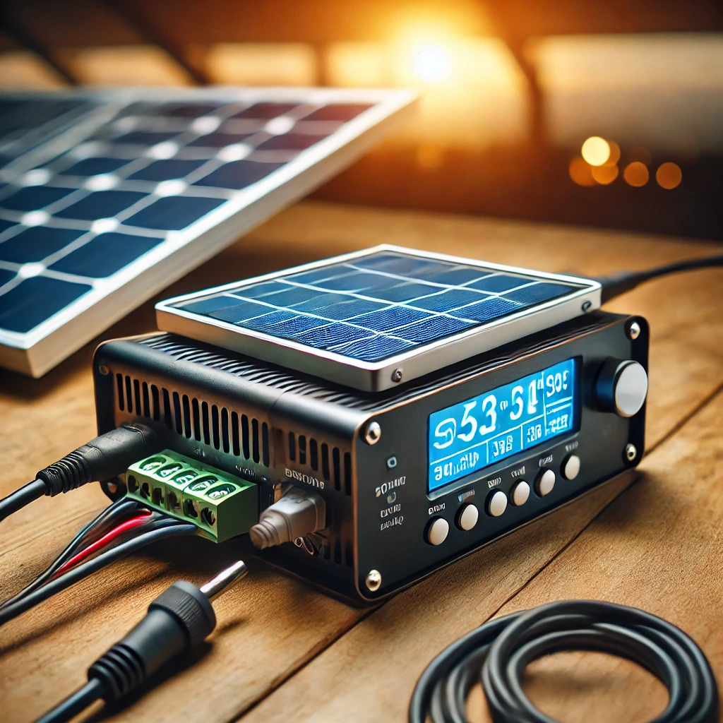 미니 태양광 충전 컨트롤러가 소형 태양광 패널과 배터리에 연결된 모습