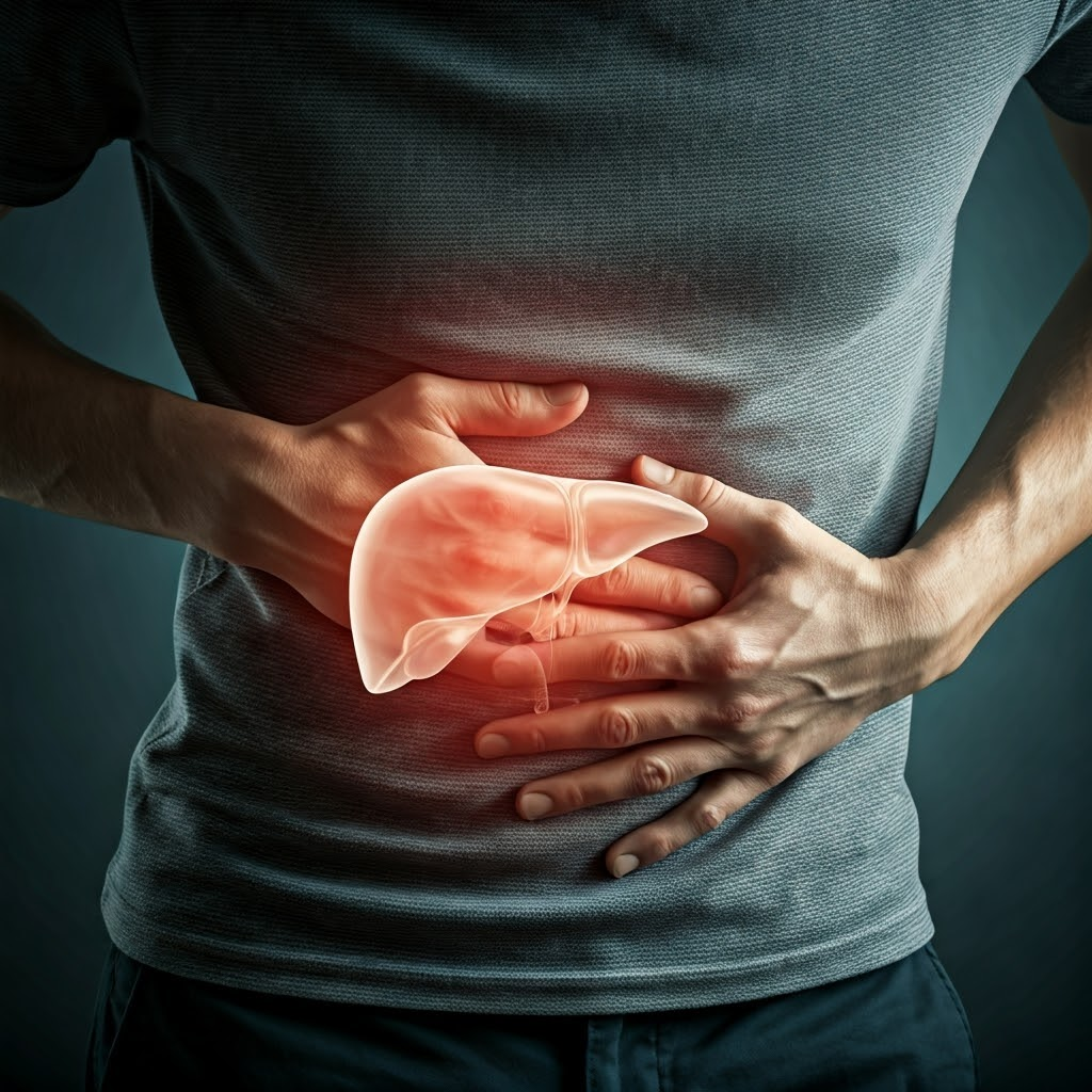 간 통증으로 배를 움켜잡는 남성 사진
