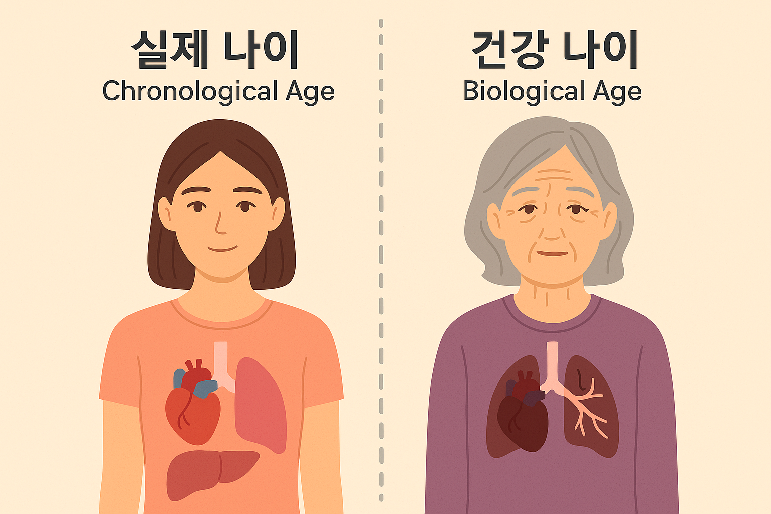 몸의 내부 장기와 외모 비교 인포그래픽 (실제 나이 vs 건강 나이)