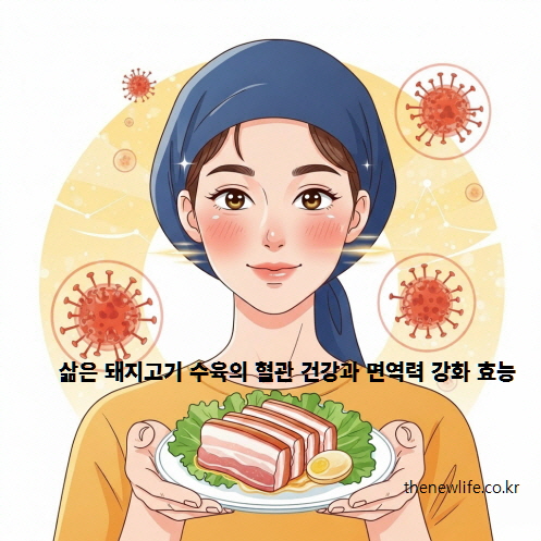 삶은 돼지고기 수육과 면역력 강화를 상징하는 건강한 여성 이미지