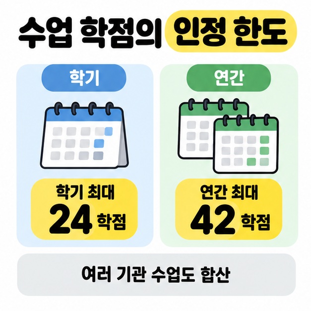 학기 최대 24학점과 연간 최대 42학점의 수업 학점 인정 한도를 달력 묶음과 숫자로 보여주고 여러 기관 수업도 합산됨을 표시한 이미지