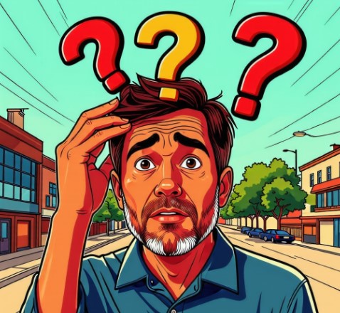 한 남성이 길에 멈추어 서서 헷갈려하고 있습니다. 머리 위에 물음표 이미지들이 있습니다.