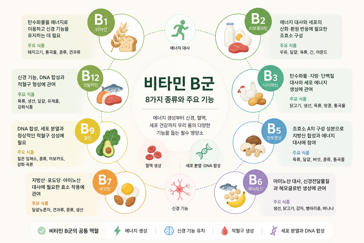 B1부터 B12까지 여덟 가지 비타민 B군과 주요 기능을 연결한 인포그래픽