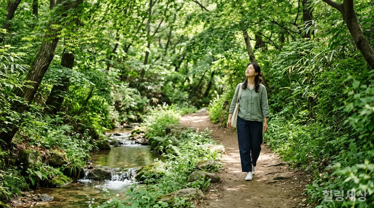 서울 도심 속 숲길에서 햇살을 받으며 평화롭게 산책하는 한국 여성의 모습
