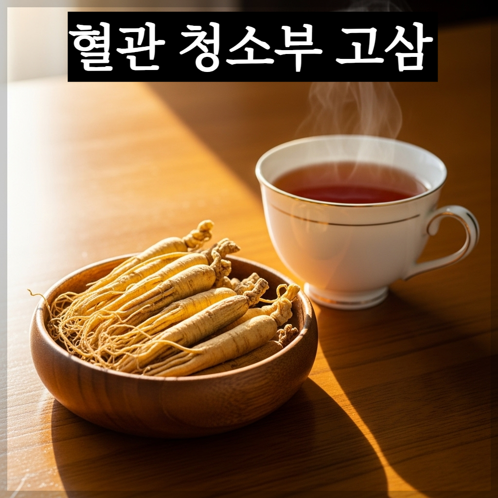 따뜻한 아침 햇살이 비치는 밝은 나무 테이블 위에 정갈하게 말린 노란 고삼 뿌리 조각들이 담긴 작은 나무 그릇과 김이 모락모락 피어오르는 진한 갈색의 고삼차가 담긴 도자기 찻잔이 놓여 있는 평온하고 치유적인 실사 이미지