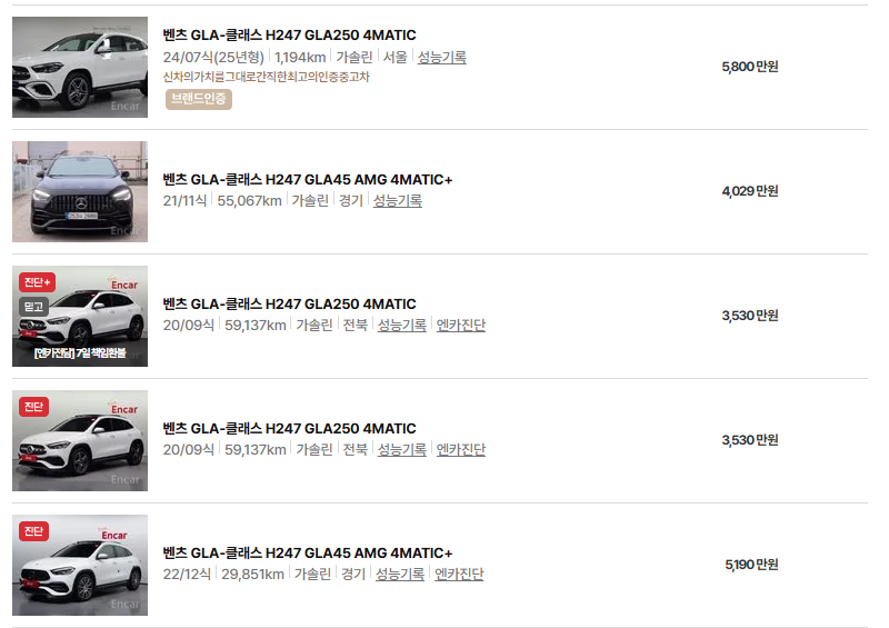 벤츠 GLA 클래스 중고차 가격 시세표 유지비