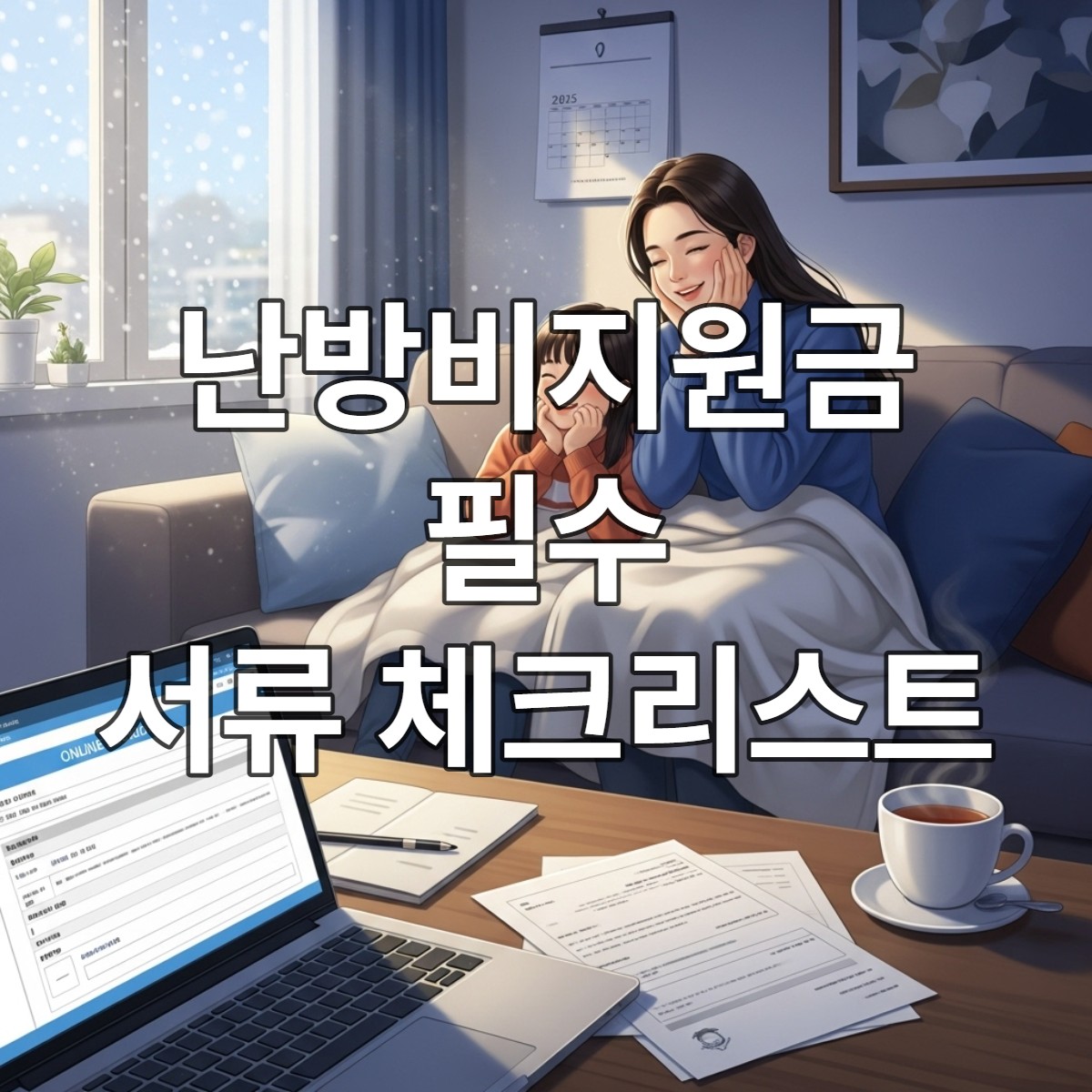 난방비지원금 서류를 준비하고 따뜻하게 겨울을 보내는 행복한 모자