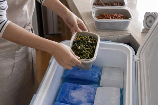 전과 나물을 소분해 밀폐용기에 담아 냉동 보관하는 장면