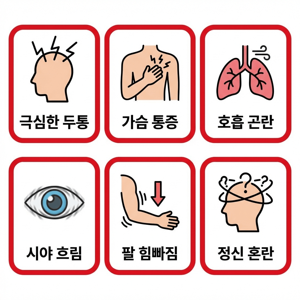 응급 위험 신호 아이콘 &mdash; 두통&middot;흉통&middot;호흡곤란&middot;시야 흐림을 아이콘 형태로 표현한 일러스트