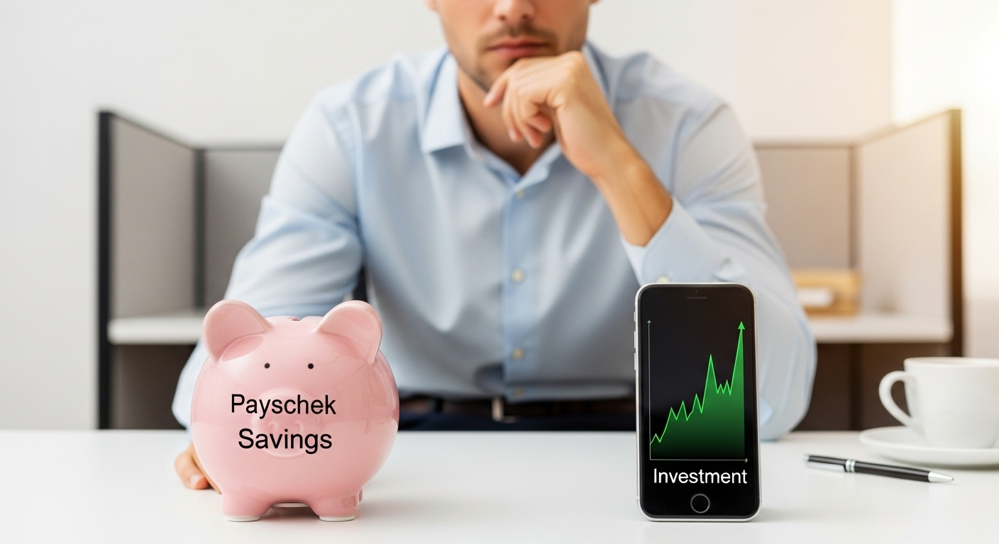 '월급 적금'이라고 쓰인 돼지 저금통과 '투자'라고 쓰인 우상향 그래프를 보며 고민하는 30대 직장인