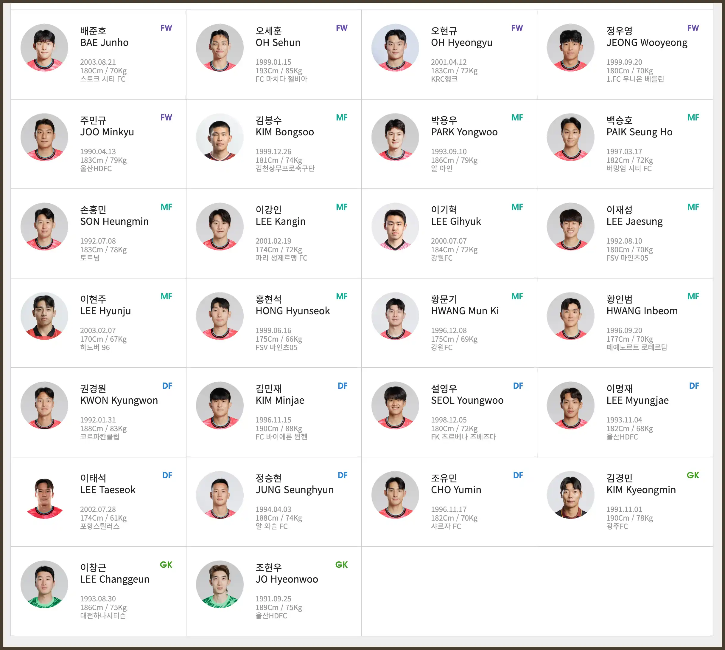 축구 국가대표 일정 명단 (월드컵 11월 3차 예선 경기)