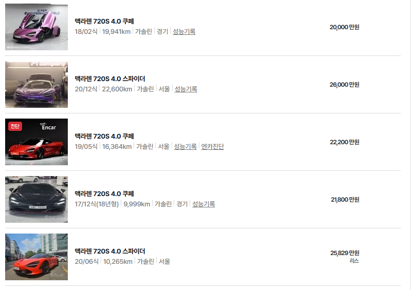 맥라렌 720S 중고차 가격 시세표 연비