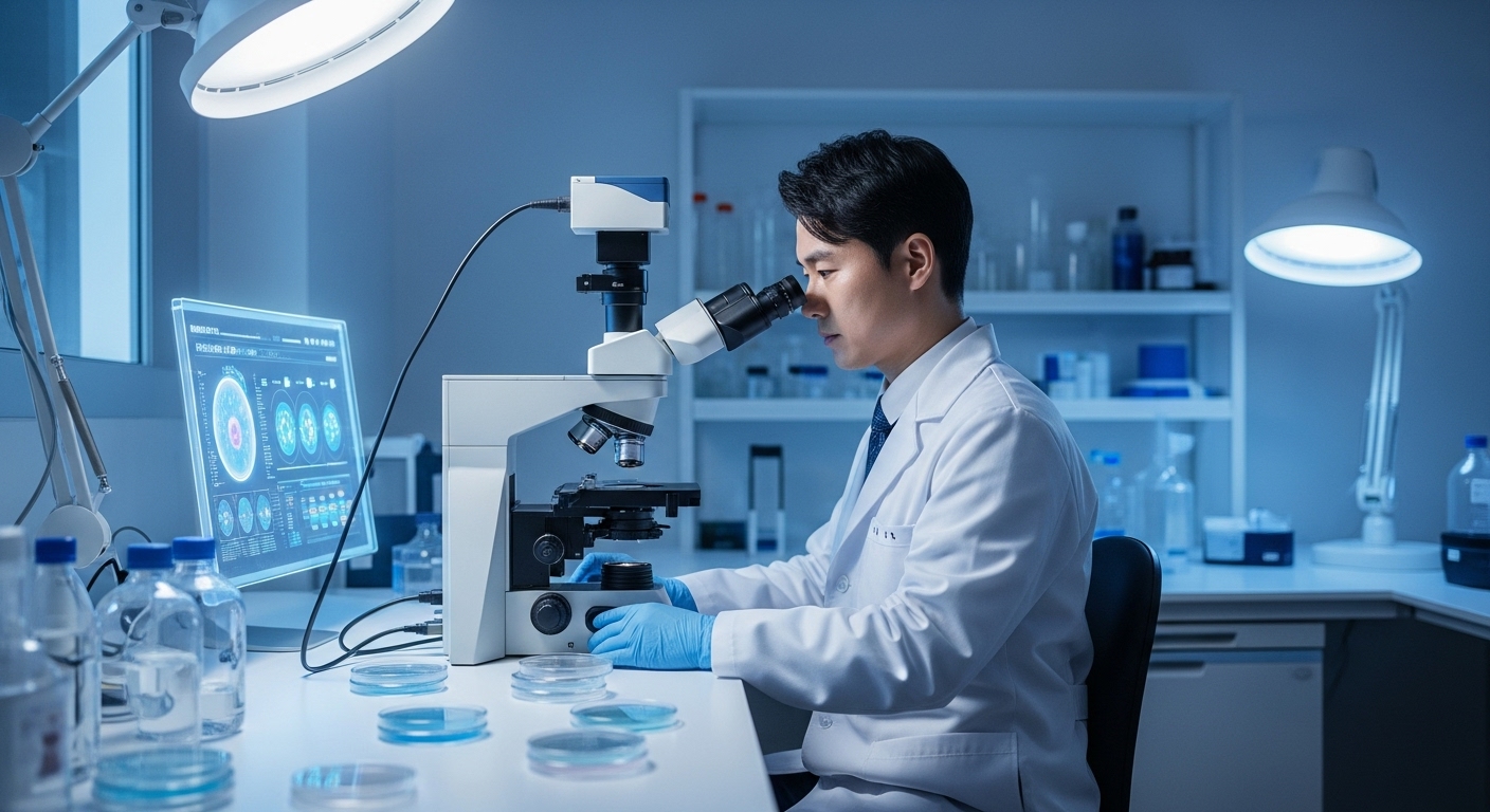 analyzing stem cells under a powerful microscope