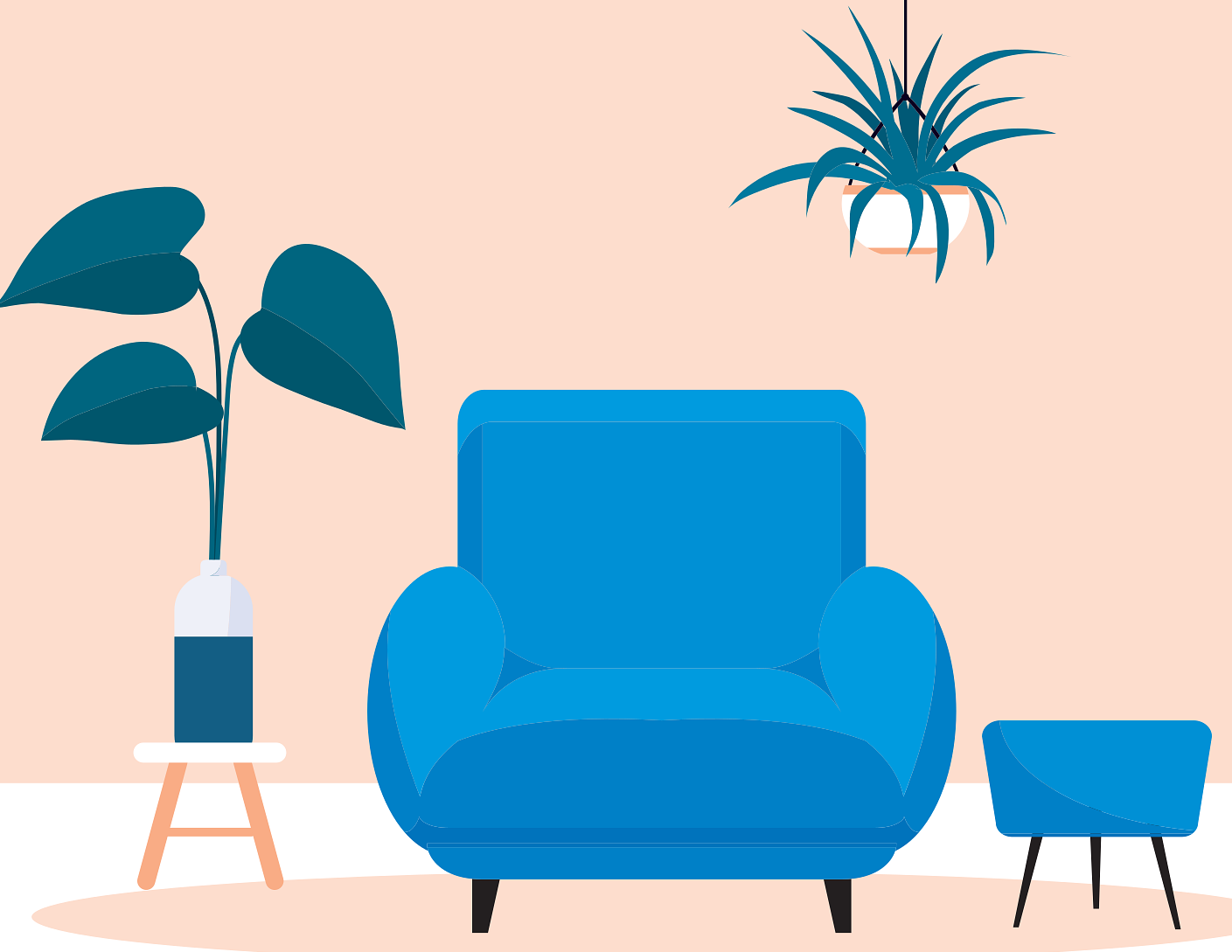 심플하고 깔끔한 쇼파와 미니의자 그리고 식물등의 이미지-(미니멀리즘을 표현)