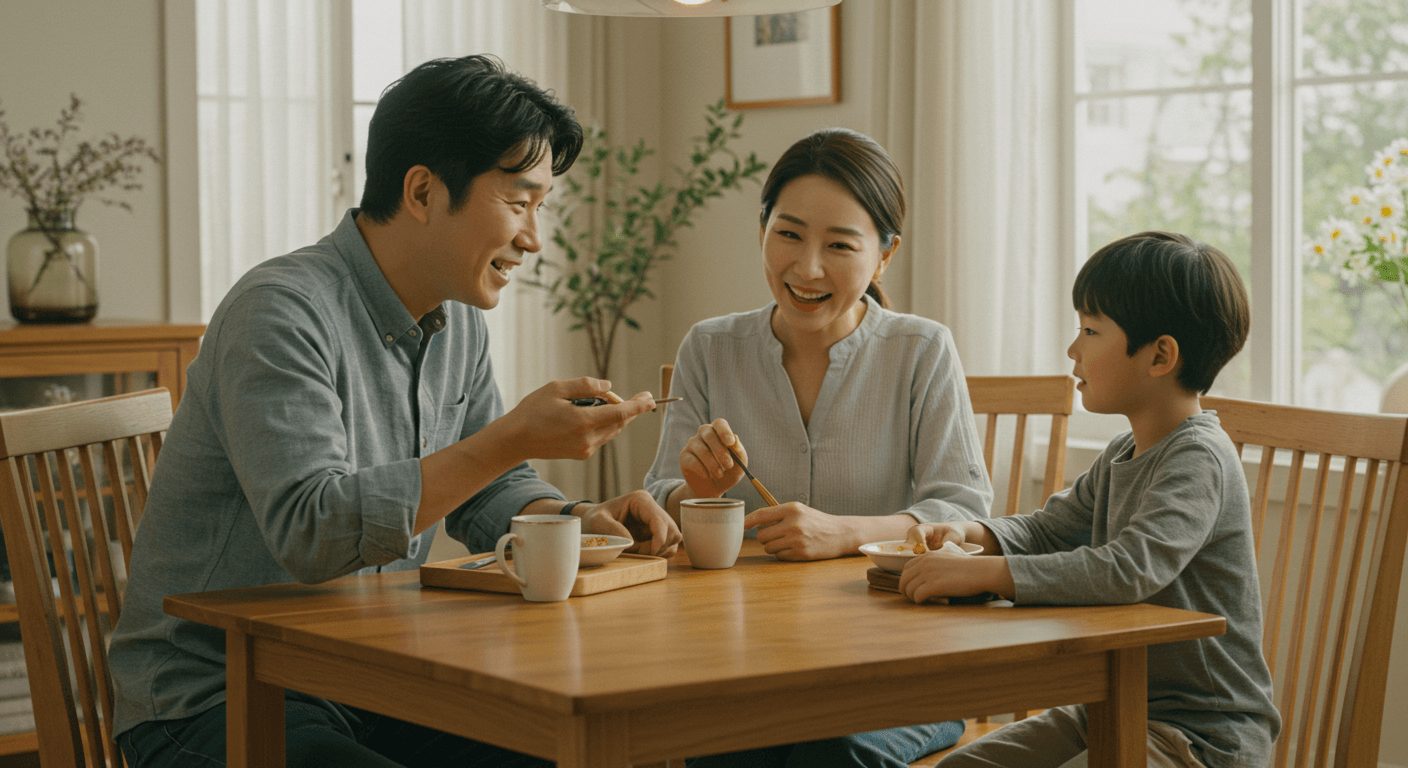 부모가 아이와 함께 식습관과 생활습관을 점검하는 모습 3