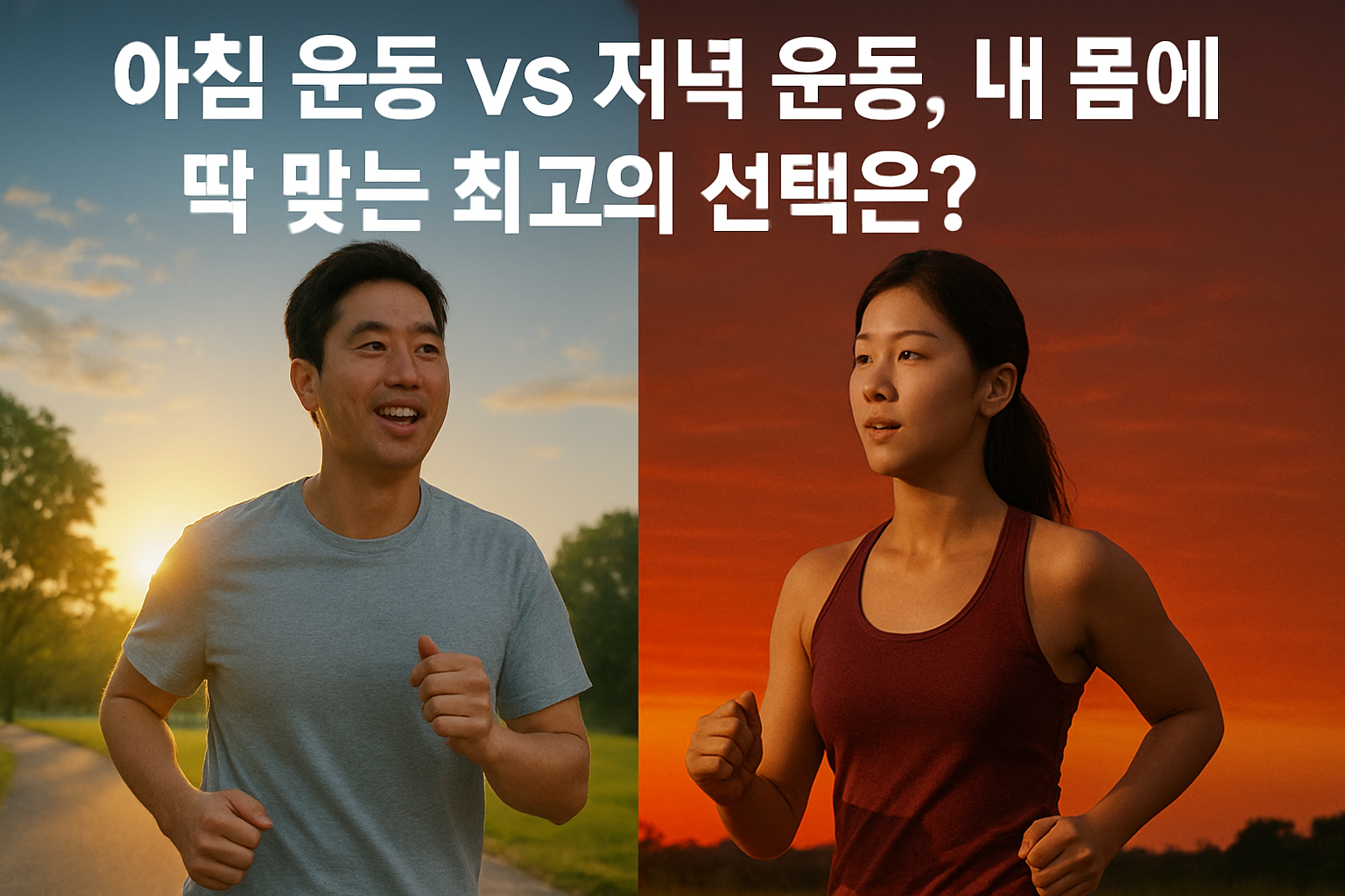 아침 저녁 운동 비교 사진.