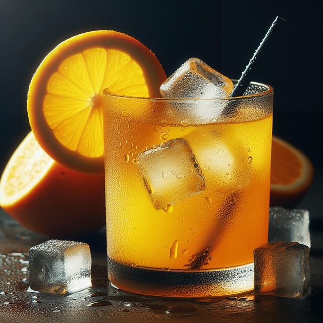 주황색의 술이 투명 유리잔에 담겨져 있고, 컵 입구에 레몬 슬라이스 한 조각에 끼워져 있다. 술은 얼음과 같이 담겨 시원해보인다.