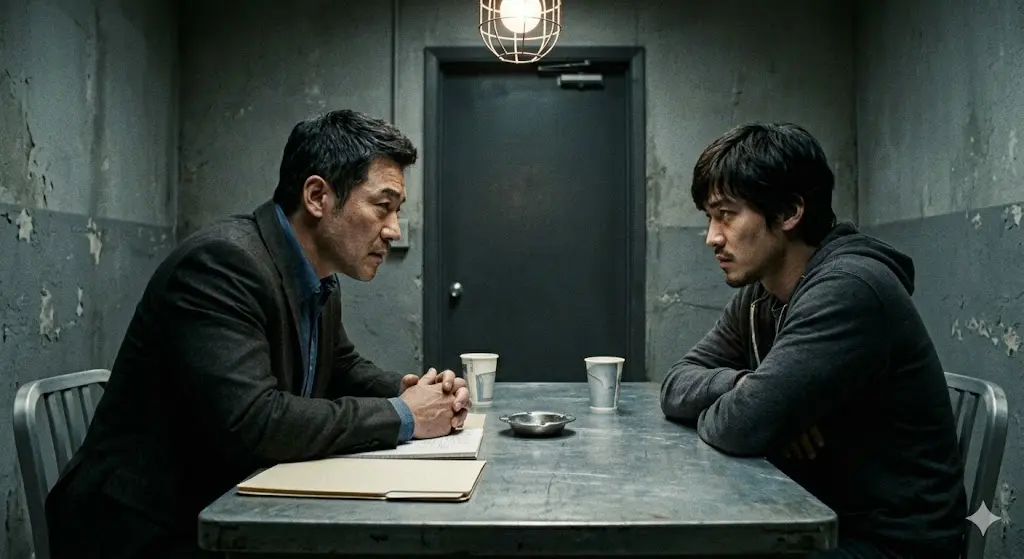 어두운 취조실 안에서 형사와 용의자가 책상을 사이에 두고 날카로운 눈빛으로 서로를 쏘아보며 대치하는 팽팽한 모습