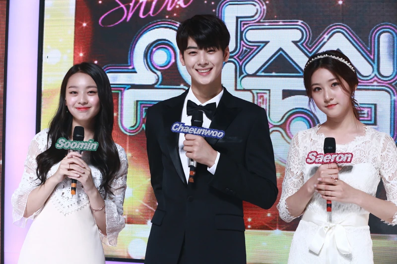 검은 양복에 나비 넥타이를 맨 쇼 음악중심 무대 MC 차은우