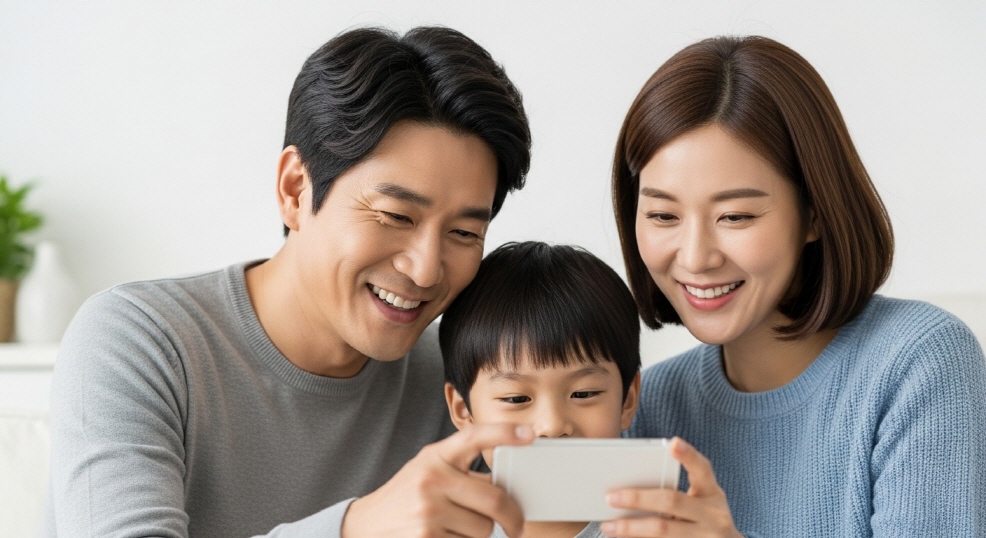 아이와 함께 스마트폰을 보는 40대 부부의 웃는 얼굴
