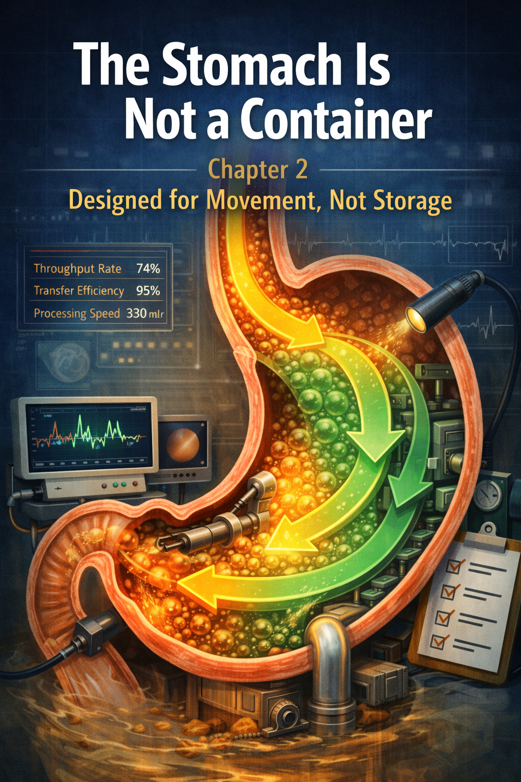 역류성 식도염을 &lsquo;처리 지연&rsquo; 관점에서 재해석하는 시리즈 2편 대표 이미지. 위장이 단순 저장 공간이 아니라 음식의 분해&middot;혼합&middot;유미즙 형성&middot;위 배출을 수행하는 동적 시스템임을 화살표 흐름과 처리 지표로 시각화한 일러스트로, 위 운동성 저하와 보상 반응 개념을 구조적으로 표현함.