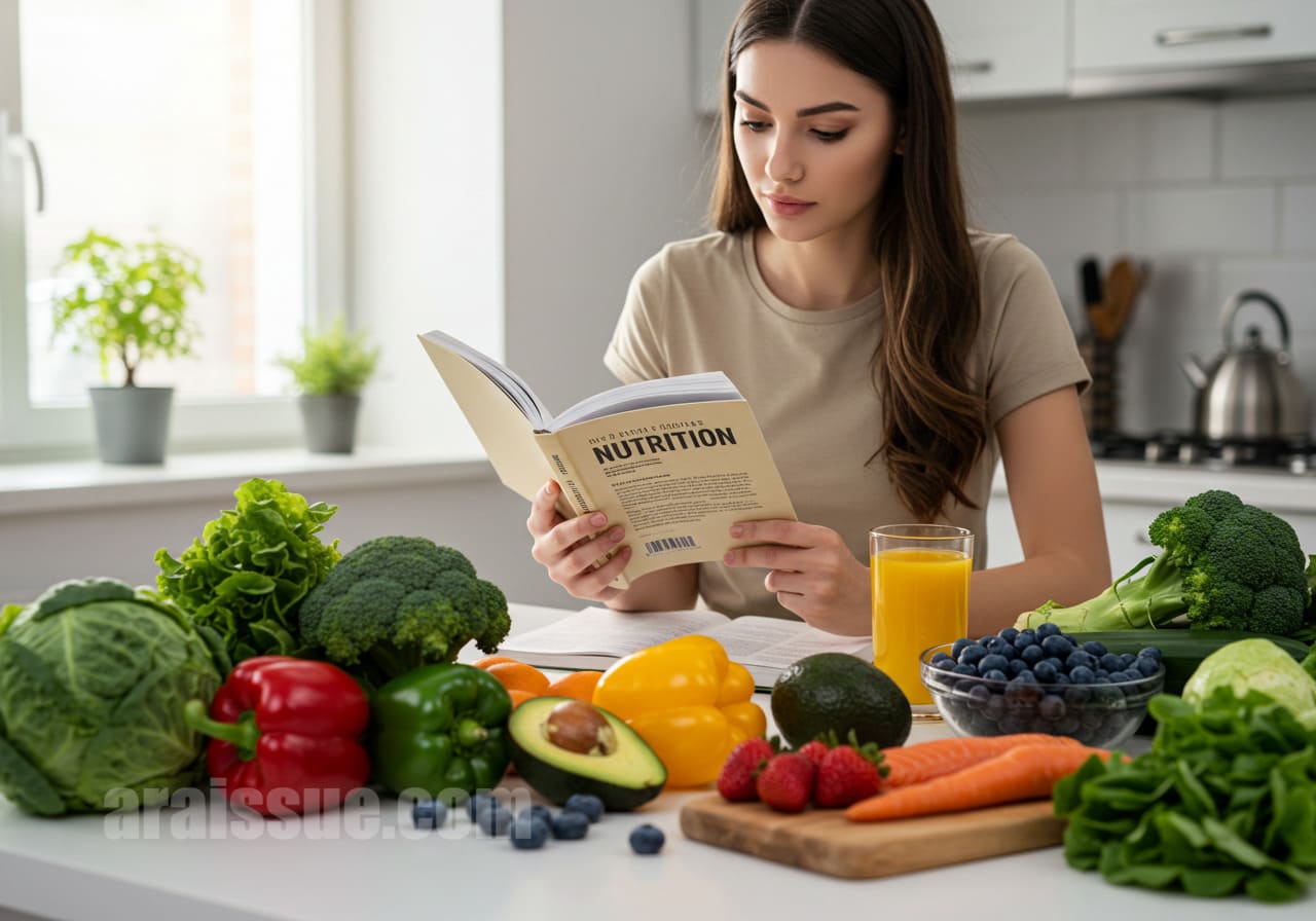 건강한 식습관을 배울 수 있는 영양 책을 읽고 있는 사람이 신선한 과일과 채소를 테이블에 놓고 있는 모습.