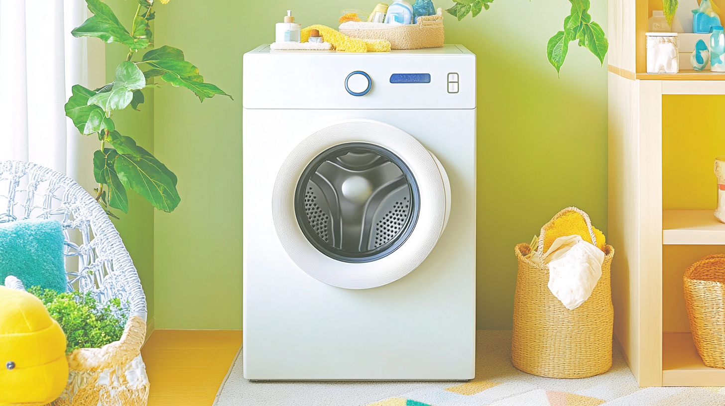 현대적 인테리어에 매끄럽게 조화되는 삼성 세탁기의 세련된 디자인을 강조하는 예술적 이미지.