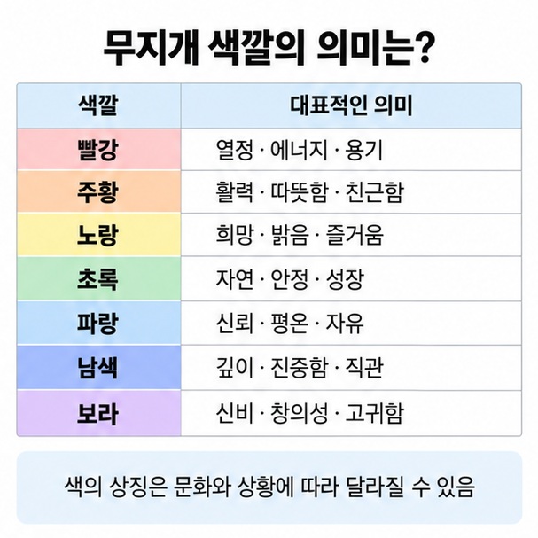 빨강 주황 노랑 초록 파랑 남색 보라의 대표적인 상징 의미를 비교한 표