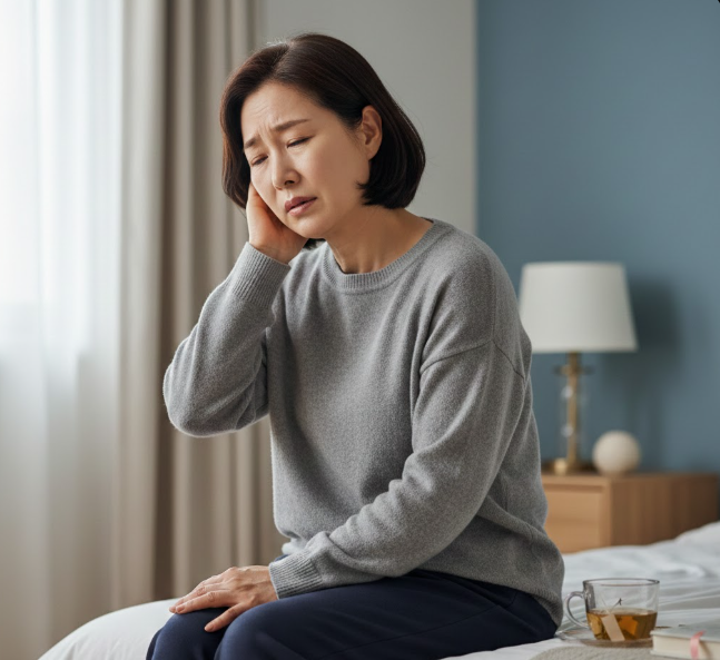 이명으로 힘들어하는 중년여성