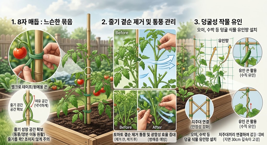고추나 토마토 줄기를 8자 매듭으로 지주대에 고정하고 통풍을 고려하여 곁순을 정리하는 방법 예시