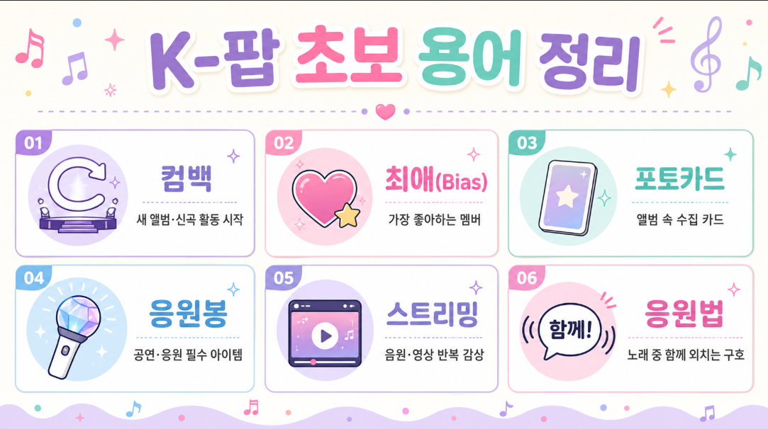 컴백 최애 포카 응원봉 스밍 등 K-팝 초보 용어를 정리한 이미지

컴백 최애 포카 응원봉 스밍 등 K-팝 초보 용어를 정리한 이미지
