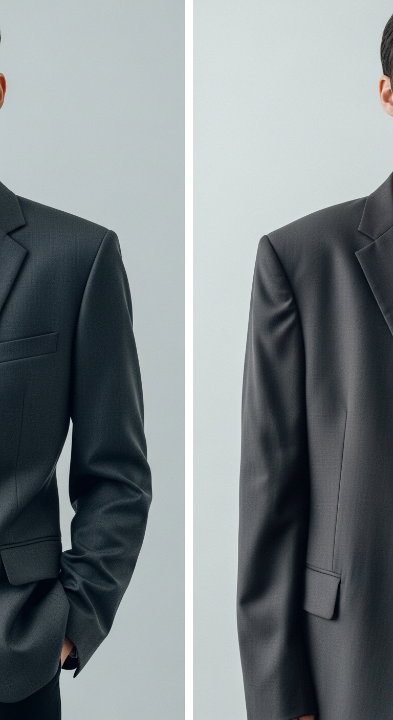 어깨선이 딱 맞는 자켓과 그렇지 않은 자켓의 비교 시각 자료