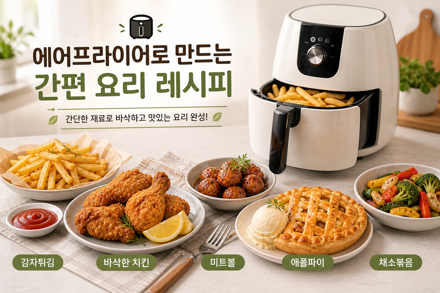 에어프라이어, 간편 요리, 감자튀김, 치킨, 미트볼, 애플파이