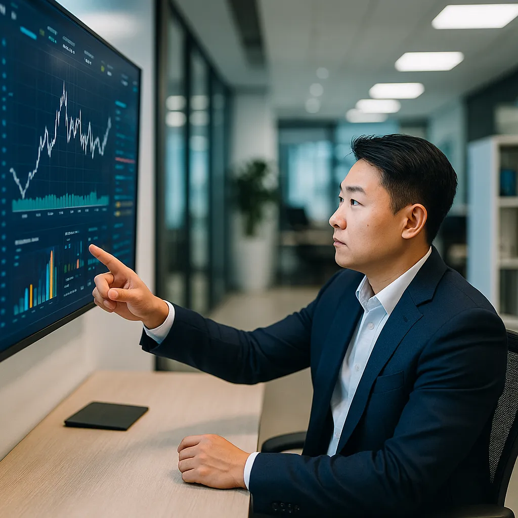 금융 대시보드를 가리키는 남성의 업무 모습