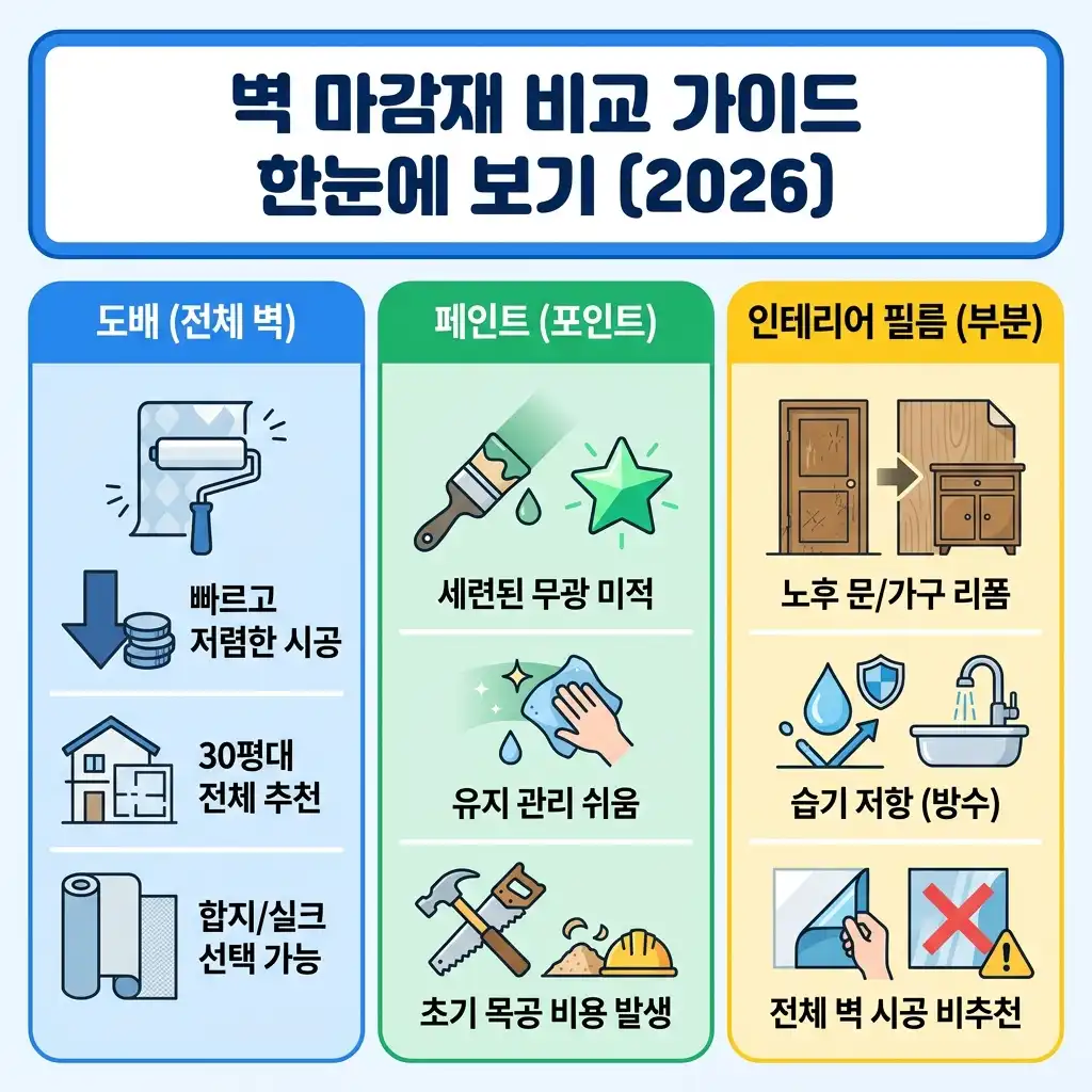 도배(벽 전체 권장, 저렴), 페인트(포인트 권장, 감성, 유지보수), 인테리어 필름(부분 리폼, 습기 강함)의 특징과 용도를 한눈에 요약한 2026년 기준 한국어 인포그래픽.