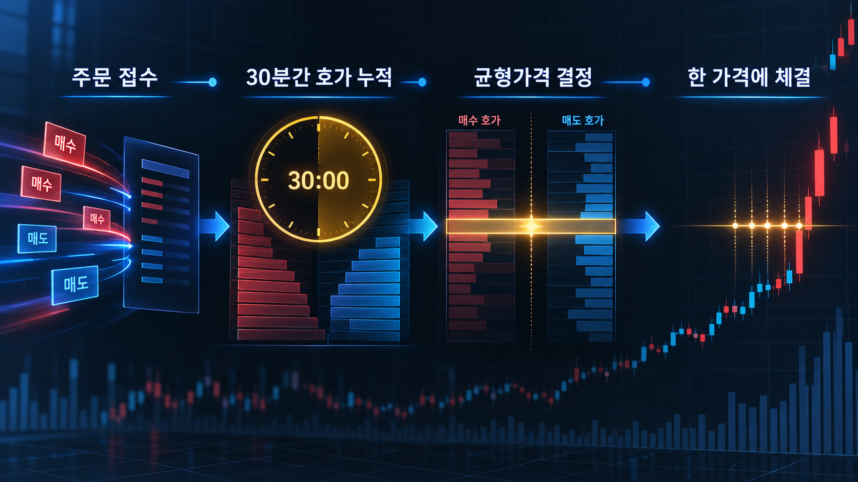 주문 접수부터 30분간 호가 누적 후 균형가격으로 체결되는 과정