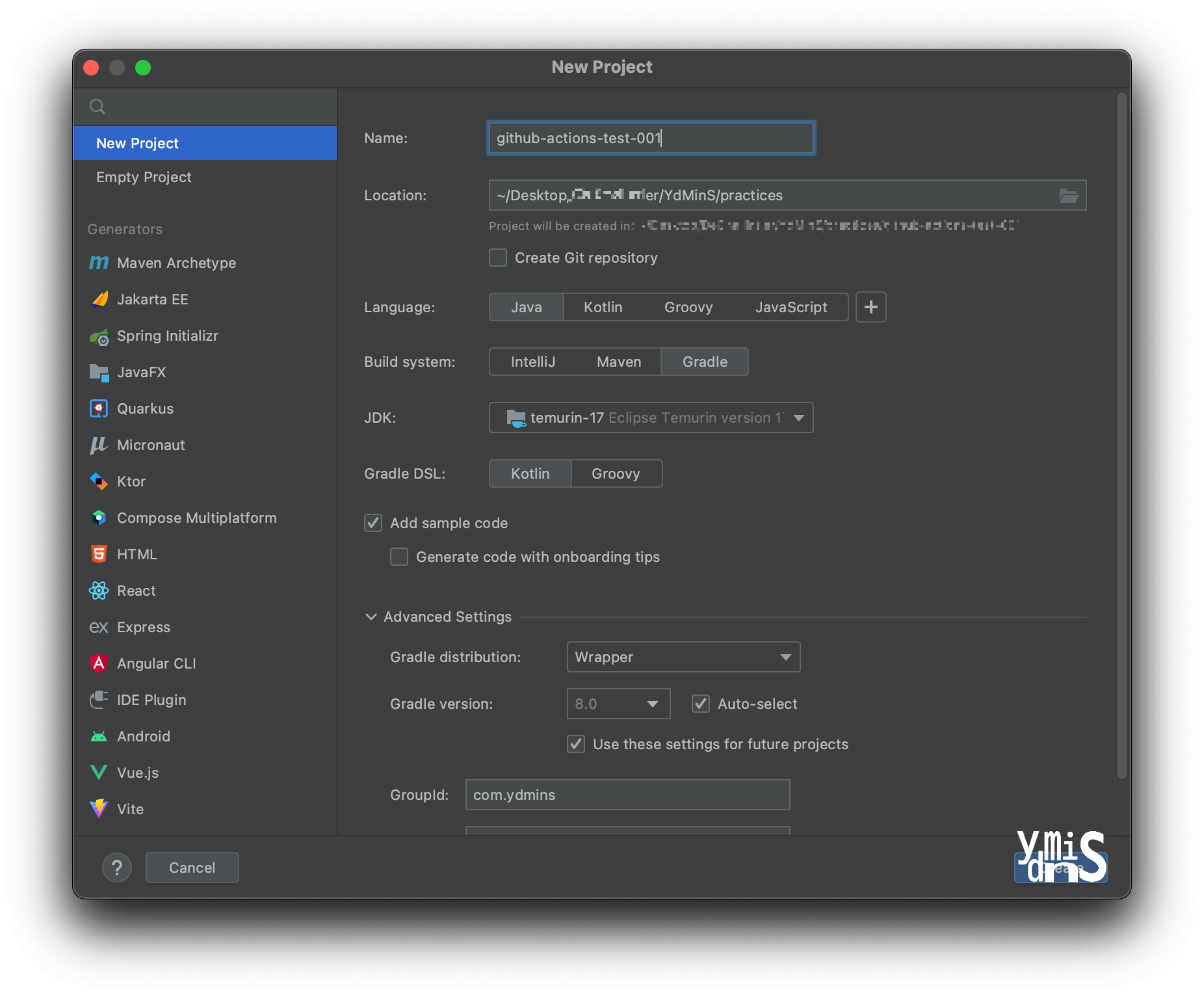 intellij 프로젝트 생성 창 모습이다.